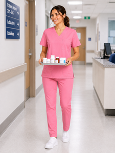 Ensemble de blouses médicales roses pour femmes, haut à col en V avec poche supérieure et deux poches inférieures, uniforme de soins infirmiers, vêtements de travail pour infirmières, haut et pantalon. - Product Image 6