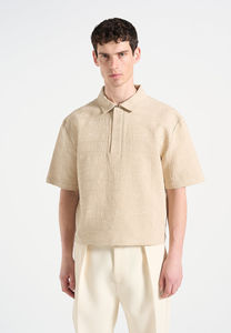 Chemise Oxford en coton beige pour homme, manches courtes, coupe classique, décontractée, avec fermeture éclair, tricotée, respirante - Product Image 4