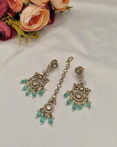 Conjunto de Joyería Polki Kundan con Cuentas Verde Pastel, 3 Piezas, Joyería Étnica para Mujer, para Bodas y Fiestas, Venta al por Mayor, Joyería Tradicional India para Novias - Product Image 6