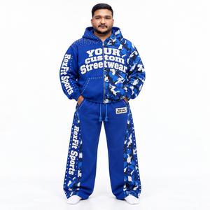 Ensemble de survêtement unisexe avec détails camouflage et strass, pantalon de jogging large et veste zippée, streetwear deux pièces, étiquette personnalisée, ensemble homme OEM - Product Image 3