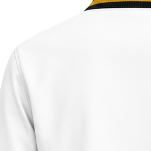 Custom <b>White</b> Varsity Jacket with Black and Gold Striped Ribbed Collar Cuffs Hem Greek Letter Embroidery Crest Logo Collegiate Le - Product Image 2
