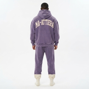 Conjunto de Sudadera con Capucha y Pantalones Deportivos Personalizados para Hombre, Color Morado con Pedrería, Felpa de Algodón, Estilo Urbano, Talla Grande, Venta al Por Mayor OEM - Product Image 2