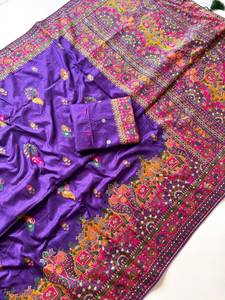 Sari en soie Rajwadi de qualité supérieure avec bordure en Zari lourd et travail de broderie au fil de Kasmir - Product Image 2