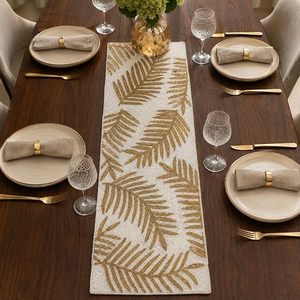 Camino de Mesa Moderno de Algodón Bordado con Patrón de Hojas Doradas para Decoración del Hogar - Product Image 1