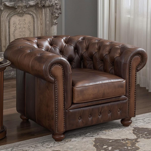 Fauteuil Chesterfield vintage de luxe en cuir marron, avec accoudoirs roulés et capitonnage, pour salon ou bureau - Product Image 2