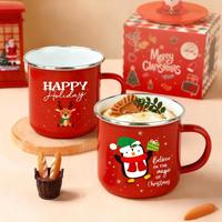 Mug en émail de Noël rouge en métal avec rebord en acier inoxydable pour café, chocolat chaud, cadeaux de fêtes, avec boîte