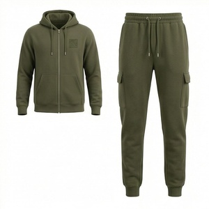 Survêtement à capuche vert olive pour homme, sweat-shirt à fermeture éclair intégrale avec poches latérales, pantalon cargo, vêtements décontractés, style automne, coupe classique - Product Image 1