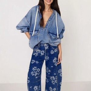 Sudadera con Capucha de Mezclilla Azul para Mujer, de la Mejor Calidad, Informal, Transpirable, Ecológica, de Invierno, con Media Cremallera, Manga Larga y Dos Bolsillos Delanteros Grandes - Product Image 3