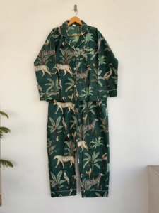 Conjunto de Pijama con Estampado Animal, 100% Algodón, Manga Larga, Corte Regular, Transpirable, Informal, para Todas las Temporadas, Tejido de Punto, Estilo Bohemio - Product Image 2