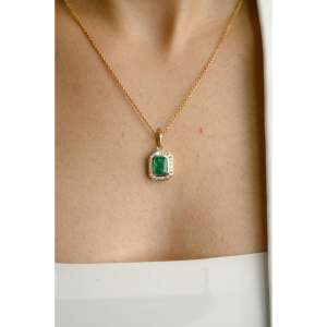 <b>Emerald</b> Cut Moissanite Halo <b>Pendant</b> 18K Yellow Gold Plated Rhodium Finish - Product Image 6