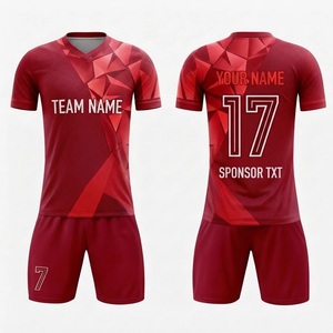 Ensemble de maillots de football personnalisés pour hommes, sublimés, col en V, imprimé géométrique, kit short anti-transpiration, rouge, 100 % polyester - Product Image 1