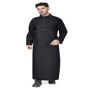 Qamis noir en polyester pour homme, col montant, manches longues, longueur ras du sol, tenue de prière modeste, pour l'Aïd et le quotidien, Moyen-Orient, adultes, toutes saisons - Product Image 1