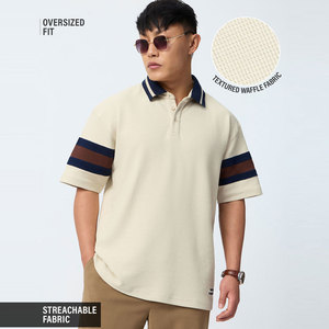 Men's Short Sleeve <b>Waffle</b> Knit Polo Shirt With Striped Cuffs And Collar Color <b>Blocked</b> Design Breathable Casual Style - Product Image 2