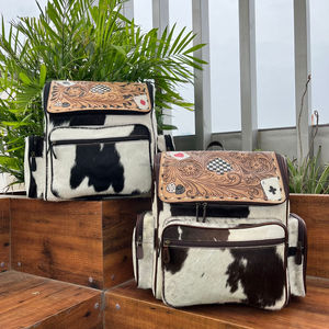 Sac à dos en cuir repoussé à carreaux en gros d'usine sac à dos à fermeture éclair en cuir de vachette véritable de grande capacité pour l'extérieur - Product Image 4