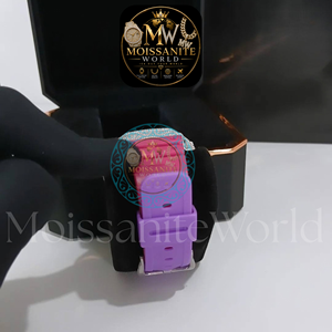 Montre à quartz de luxe pour femme, cadran en cristal, date/jour automatiques, boîtier en strass, acier inoxydable, résistant à l'eau 3BAR, bracelet rose et violet - Product Image 3