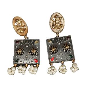 Pendientes Colgantes de Ganesh con Bisel de Ónix Bicolor Étnico de Latón Plateado Antiguo para Mujer, Regalo para Fiesta - Product Image 1