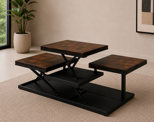 Ensemble de tables basses en bois rustique moderne avec plateaux carrés à trois niveaux et structure en métal noir pour salon et mobilier de maison - Product Image 3
