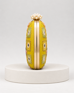 Pochette de Soirée de Luxe Jaune Brodé à Motif Géométrique, Sac à Main Ovale avec Accent de Perles pour Fêtes et Mariages - Product Image 4