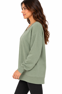 <b>Women's</b> Oversized <b>V</b>-<b>Neck</b> Streetwear Eco-Friendly <b>Sweatshirt</b> Long Sleeve Solid Color Knitted Modal Drop-Shoulder Autumn Wear - Product Image 3