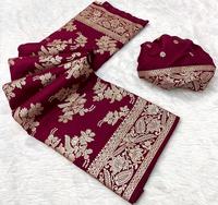 Saree Sutra Khadi RN Pure Soft Tenun Sutra Lengkap dengan Blus Barcode, Sari India Modern untuk Pesta Pernikahan, Cepat Kering, Anti Kusut