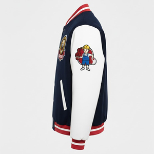 Chaqueta Universitaria Azul Rey Personalizada SHY SPORTS, Chaqueta Bomber con Parches de León Rugiente, Puños con Rayas, Unisex - Product Image 3