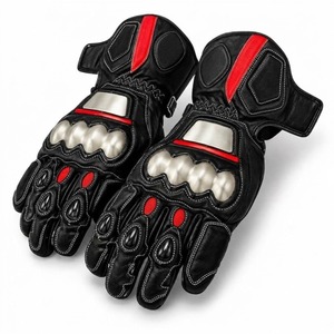 Genuine <b>Leather</b> Motorcycle Racing <b>Gloves</b> <b>Black</b> Red Protective Hard Knuckle Full Finger <b>Mens</b> Biker Gear - Product Image 1