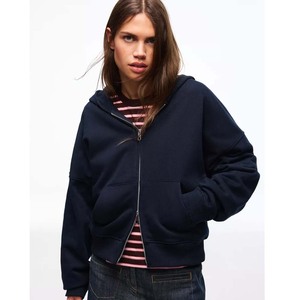 Women's Navy Hooded <b>Zip</b>-<b>Up</b> Sweatshirt Full Sleeve Knitted Cotton Solid Color Winter Wear 2Pcs Front - Product Image 1