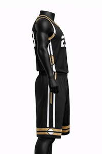 Ensemble personnalisé de maillot et short de basketball pour adultes en polyester noir et or, respirant, séchage rapide, vente en gros OEM - Product Image 3