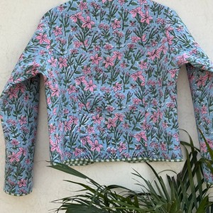 <b>Women</b> Quilted Cotton <b>Jacket</b> Floral Print V Neck Three Quarter Sleeve <b>Spring</b> Outerwear Contrast Trim - Product Image 2