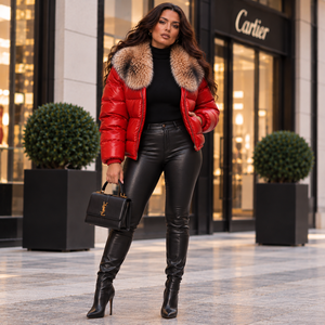 Veste matelassée coupe-vent en cuir véritable à carreaux pour femme avec col en fourrure de renard, fermeture éclair, design fin, style streetwear - Product Image 2