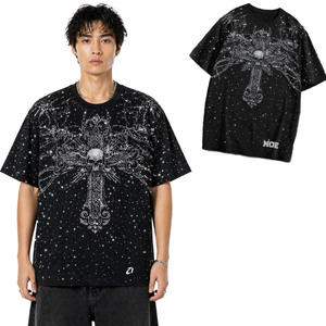 Wholesale Men's <b>shirts</b> <b>Gothic</b> Cross Full Rhinestone T <b>Shirt</b> Oversized 100%Cotton Hip Hop Streetwear Loose Fit Summer Fashion Tee - Product Image 1
