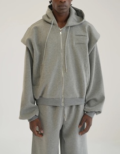 Ensemble de survêtement décontracté pour homme, gris, à capuche, avec fermeture éclair, manches longues, couleur unie, en coton, coupe régulière, pour l'hiver, grande taille - Product Image 1