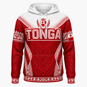 Sweat à capuche unisexe à imprimé géométrique Tonga rouge et blanc avec logo emblème national sur le devant - Product Image 1