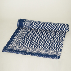 Blue Printed Bohemian Fluffy Organic Cotton <b>Quilt</b> Blanket Handmade Zigzag Floral Pareo Wrap <b>Throw</b> Soft Breathable Unisex Bedding - Product Image 4
