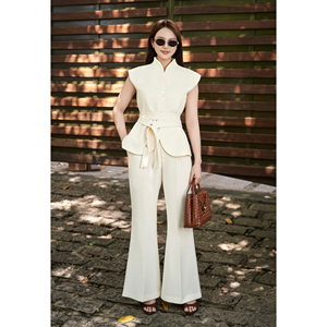 Women's for Two Piece <b>Set</b> Stand Collar Half Sleeve <b>Blazer</b> Flared Pants Polyester/Spandex Office Wear Regular Fit Belt Button - Product Image 2