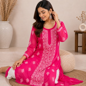 Kurti indien tendance en georgette Chikankari - Robe longue ethnique rose à fleurs brodées pour femmes - Product Image 4