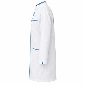 Blouse de laboratoire médicale unisexe, blanc pur, col mandarin, fermeture éclair bleue, uniforme de médecin, tenue de travail pour le personnel de clinique, vente en gros sur mesure - Product Image 4
