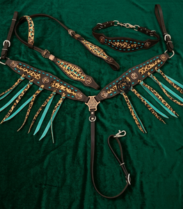Ensemble de harnais et de collier de poitrine en cuir occidental pour cheval avec design à franges perlées, équipement d'équitation - Product Image 4