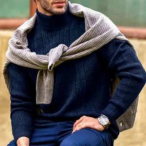 Pull à col roulé en tricot bleu marine pour homme, manches longues, couleur unie, pull d'hiver, coupe classique, laine/acrylique, anti-rétrécissement, séchage rapide - Product Image 1