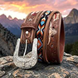 Westlicher bestickter Cowboy-Ledergürtel mit perlenbesetztem Blumenmuster, silberner Schnalle, lässiger ethnischer Stil, langlebiger handgefertigter Gürtel - Product Image 1