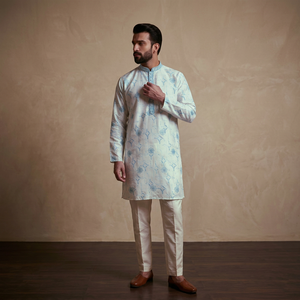 <b>Men</b> White Blue Printed <b>Kurta</b> Pajama Set Regular Fit Traditional Indian Pakistani Ankle-Length Wrinkle Free - Product Image 2
