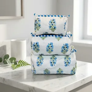 Set de Bolsas de Cosméticos de Algodón Estilo Bohemio, Azul Floral, Acolchado, Bolsa de Aseo Multifuncional con Cierre, Bolsas de Aseo Medianas - Product Image 3