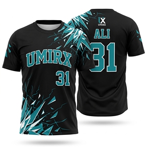 เสื้อซอฟต์บอลแบบสโลว์พิทช์สั่งทำพิเศษสำหรับผู้ชาย คอกลม สีดำ-เขียวอมฟ้า ลายกระจกแตก พิมพ์ลายทั้งตัว พร้อมชื่อและหมายเลข สำหรับผู้ใหญ่ สำหรับลีก - Product Image 1