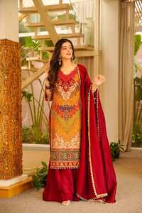Ensemble de tunique Anarkali en coton imprimé pour femmes indiennes et pakistanaises, avec dupatta uni, longueur au sol, séchage rapide, tenue festive Salwar Kameez - Product Image 2