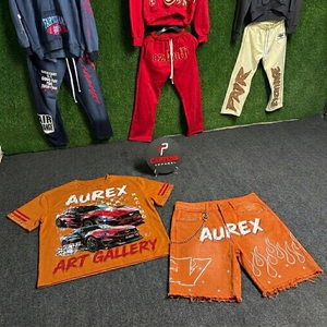 Summer <b>Men's</b> Cropped T Shirt Shorts Set Streetwear <b>Studded</b> Acid Wash 100% Cotton Custom Printed Two Piece Set - Product Image 2