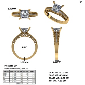 แหวนหมั้นเพชรทรงปรินเซสคัท เพชรเลี้ยงในห้องปฏิบัติการ ทอง 14K สไตล์วินเทจ สำหรับผู้หญิง - Product Image 5