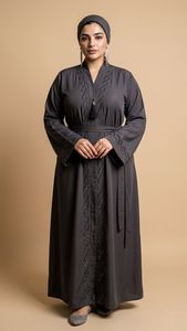 Elegante Abaya Marrón con Cuentas, Cuello en V, Manga Larga, Vestido Maxi Modesto para Mujer, Talla Grande, Estilo de Medio Oriente, Algodón, Corte Holgado - Product Image 4