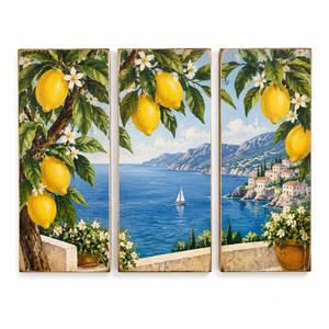 Triptyque mural Amalfi en bois de manguier bleu et blanc peint à la main |   Décoration d'intérieur méditerranéenne de style traditionnel 90x60cm, vente en gros - Product Image 1