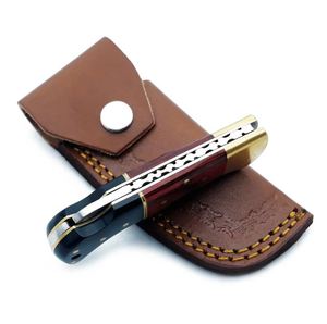 Dustline Commodities Custom Handmade High Quality Damascus Steel Camping Folding <b>Knife</b> with Red & Black Pakka Wood Back <b>Lock</b> - Product Image 3