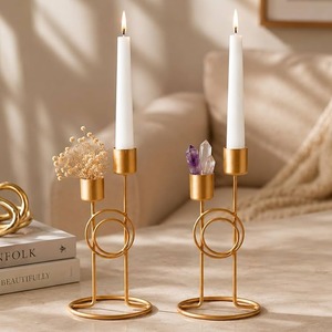 Portavelas de Vidrio Esmerilado de Aluminio Hecho a Mano, Ecológico, Decoración Navideña, Juego de Velas de Pilar, Diseño Floral Dorado, Largo - Product Image 3